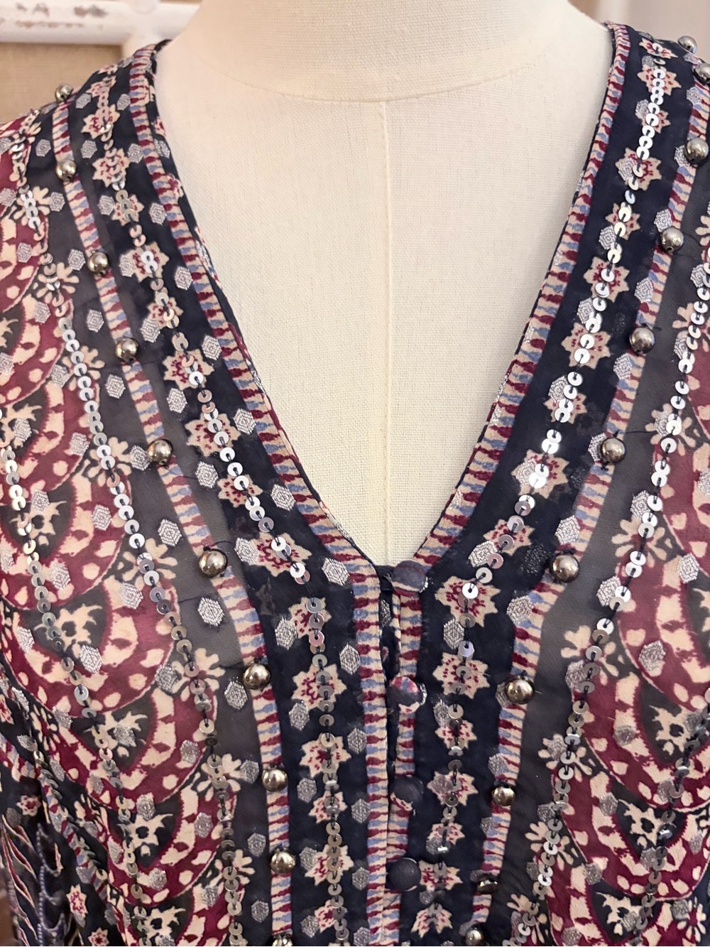 Zara Woman Boho Embellished Mini Dress Sheer Long Sleeve Floral Size M